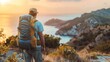 © Dao - Mature backpacker looking at the panoramic view on a hilltop. Rearview of a male hiker standing alone on a coastal hill. Adventurous mature man enjoying the sunset outdoors