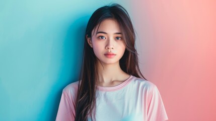 Wall Mural - Young pretty Asian woman model wearing tshirt looking at camera standing on color background