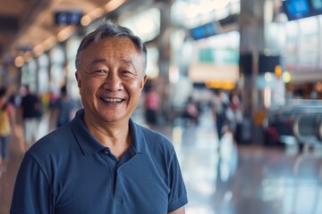 Portrait of a happy asian man in his 50s donning a classy polo shirt on bustling airport terminal background