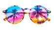 © AIsofeel - Round sunglasses with a tropical sunset reflected in the lenses. The image evokes a sense of relaxation and summer fun.
