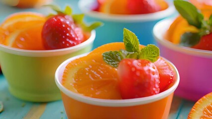 Poster - A refreshing fruit salad made with juicy oranges and ripe strawberries is served in brightly colored cups.