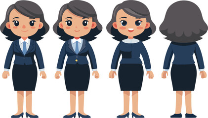 Cartoon business woman character in formal attire from different angles