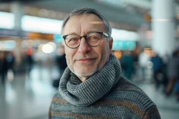 Wall Mural - Portrait of a satisfied man in his 60s dressed in a warm wool sweater on bustling airport terminal background