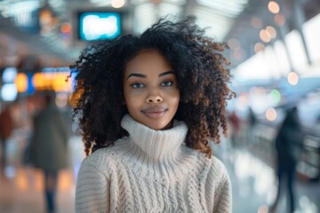 Wall Mural - Portrait of a blissful afro-american woman in her 20s wearing a cozy sweater on bustling airport terminal background