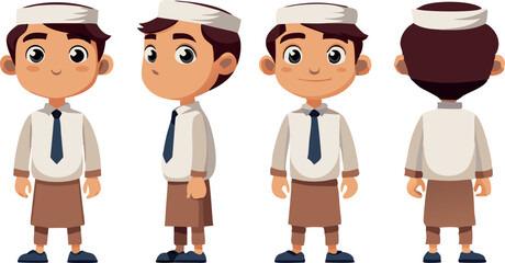 Cartoon character design of a boy in traditional clothing, showcasing front, side, and back views