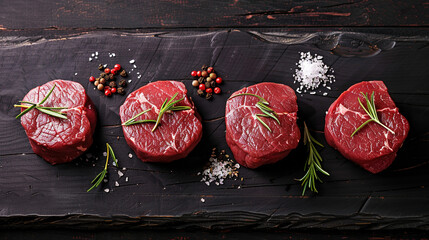 Fresh raw beef. Raw beef meat on a dark wooden board. Fresh meat with rosemary and salt for grilling. Raw meat steaks with spices. Raw beef steak. Steak dish. Copy space area for text