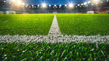 Soccer field in a football stadium with bright spotlights, showcasing a well-maintained green grass field for a major match