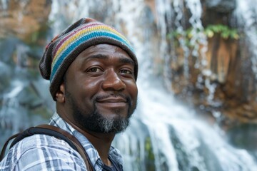Wall Mural - Portrait of a satisfied afro-american man in his 30s sporting a trendy beanie isolated in backdrop of a spectacular waterfall
