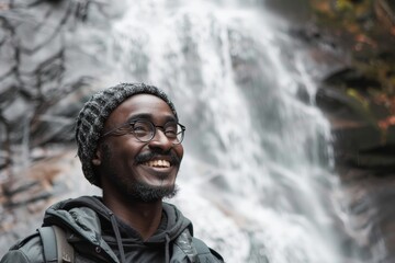 Wall Mural - Portrait of a satisfied afro-american man in his 30s sporting a trendy beanie in front of backdrop of a spectacular waterfall