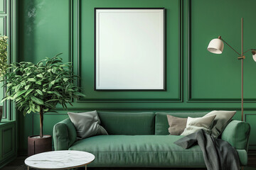 Wall Mural - Blank frame on green pastel wall with white sofa, lamp, plant and table in room interior.