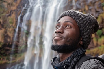 Wall Mural - Portrait of a satisfied afro-american man in his 30s sporting a trendy beanie while standing against backdrop of a spectacular waterfall