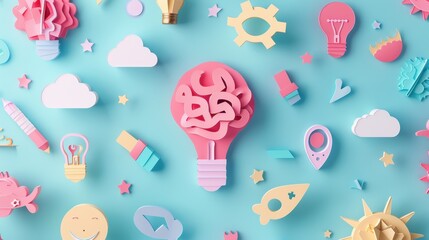 Creative concept of innovation and ideas with colorful light bulb, brain, stars, and clouds on blue background.