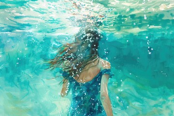 A person swimming or wading in shallow water, wearing a bright blue dress