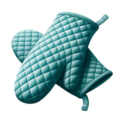 A illustration of two oven mitts, colored in teal with a quilted diamond pattern on a transparent background. The mitts are shown overlapping