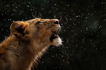 Young lion roaring in the gentle rain, close-up, black background