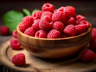 Wall Mural - Fresh Raspberries in a Wooden Bowl on Rustic Table, Ready to Eat or Use in Recipes. Generative AI