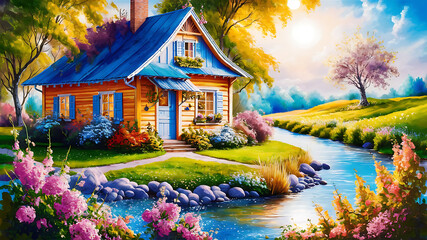 Oil painting on canvas summer landscape with wooden old house in middle house top blue colour, beautiful flowers and trees and house font river with flower tree image 4k 8k download