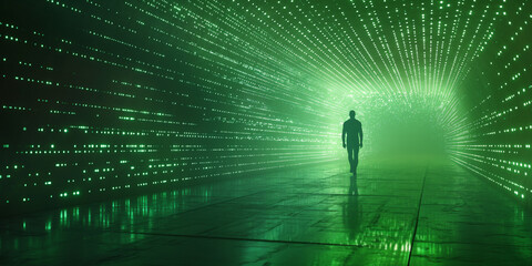 Gradient Descent, Activation Function, Overfitting, Regularization, Dropout concept art. Silhouette of a person walking. High Tech concept art. Glowing green light