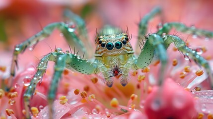 Wall Mural - Macro Photography of a Green Jumping Spider on a Pink Flower