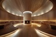 © Frou-Frou - A high-end sauna steam minimalist modern room with a large round stone fireplace in the middle, wood seating rows on both sides, warm lighting