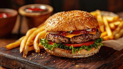 A close-up shot of a hamburger and French fries on a cutting board, ready to be served or cooked