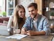 © Vitalii Shkurko - Smiling couple sitting at a table, happily reviewing documents in a cozy home setting with a laptop and coffee.