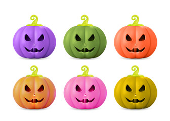 Poster - 3d Pumpkin with Cut Scary Smile Set Halloween Concept Cartoon Design Style. Vector illustration of Color Pumpkins