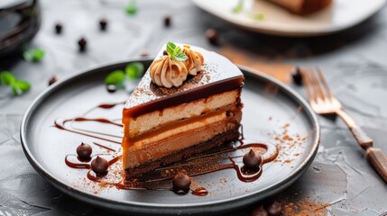 Wall Mural - Caramel cake, mousse dessert on a plate