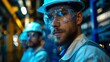 © owen - Industrial Workers in Safety Gear at Modern Factory, Focus on Bearded Engineer with Protective Glasses and Helmet