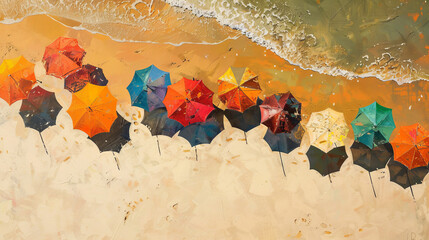 Wall Mural - Colorful umbrellas dot the sandy shore, casting shade from the summer sun.