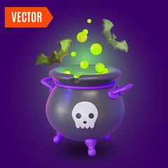 Poster - 3d Happy Halloween Concept Cartoon Design Style. Vector illustration of Witch Cauldron or Pot and Flying Bat