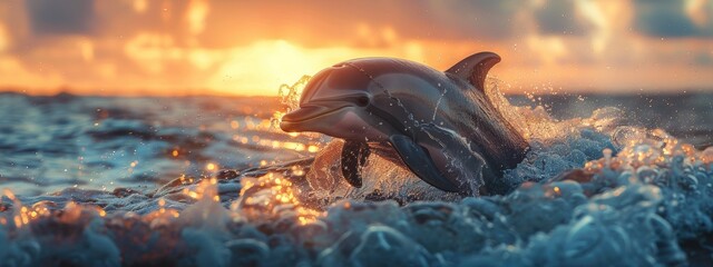 playful dolphins jumping out of the ocean, creating splashes against a sunset backdrop.