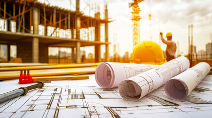 Busy construction site with workers, cranes, and blueprints, showcasing the house-building process and safety protocols in an industrial setting