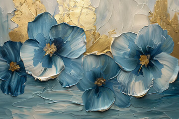 Canvas Print - flowers, gold and blue oil painting with thick brush strokes