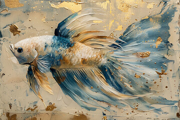 Wall Mural - betta fish, gold and blue oil painting with thick brush strokes