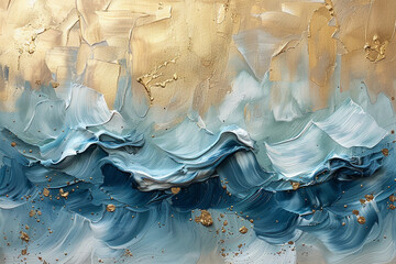 Wall Mural - abstract wavy gold and blue oil painting with thick brush strokes