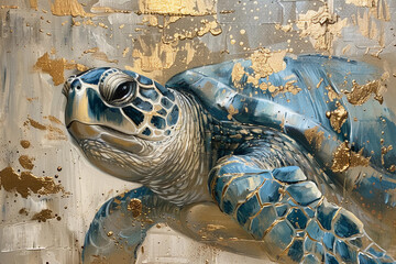 Wall Mural - turtle, gold and blue oil painting with thick brush strokes