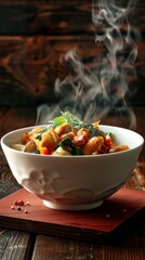 Wall Mural - A bowl of steaming chicken stir-fry with basil and vegetables