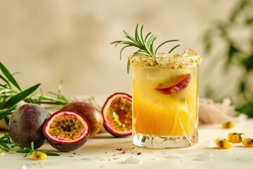 Wall Mural - A glass of passion fruit cocktail with ice sits next to half an open rosemary and other fruits on a table. On a light background,