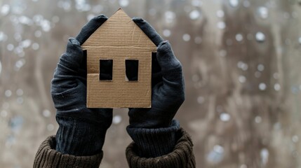 A persons gloved hands hold a cardboard cutout of a house in front of a snowy background