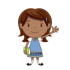 Wall Mural - Little girl student holding book, school uniform, waving hand