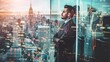 © Naphol - Businessman in suit looks over city skyline, reflecting on financial charts and cityscape in futuristic office.