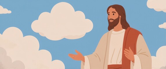 illustration flat jesus with sky and cloud background