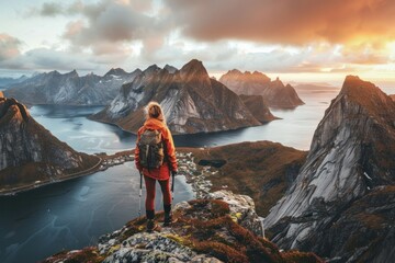 Wall Mural - Woman standing on the edge of a cliff overlooking the ocean and mountains in norway, travel and adventure concept