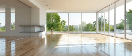 Canvas Print -  A spacious room featuring a large window and a solitary potted plant on a hardwood floor