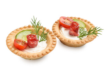Canvas Print - Delicious canapes with dry smoked sausages, cream cheese and vegetables isolated on white