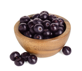 Wall Mural - Fresh ripe acai berries in bowl isolated on white