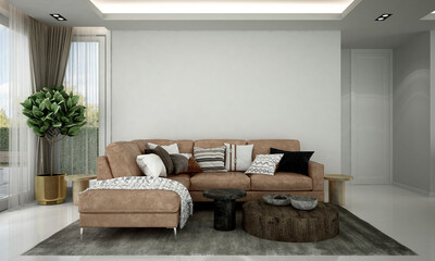 Wall Mural - The minimal living room interior design and wooden wall background. 3d rendering