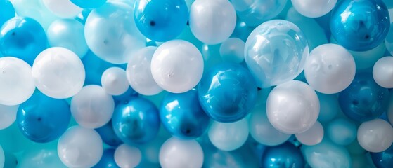 Canvas Print -  A group of blue and white balloons float in the air, accompanied by some additional blue and white ones at their sides