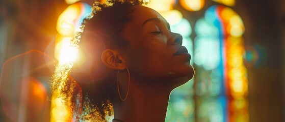  A woman's face, tightly framed by a stained glass window, is bathed in sunlight streaming through the colorful panes